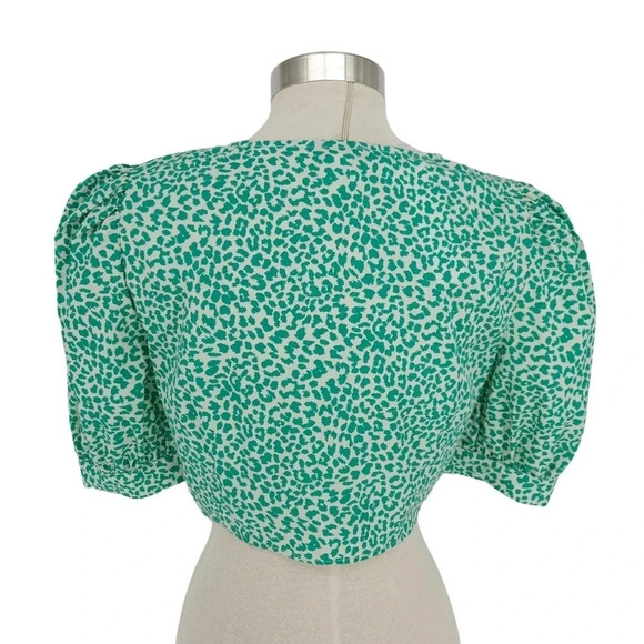 TopShop Blouse Green Leopard Puff Short Sleeve Cropped Top Shirt - Picture 7 of 11